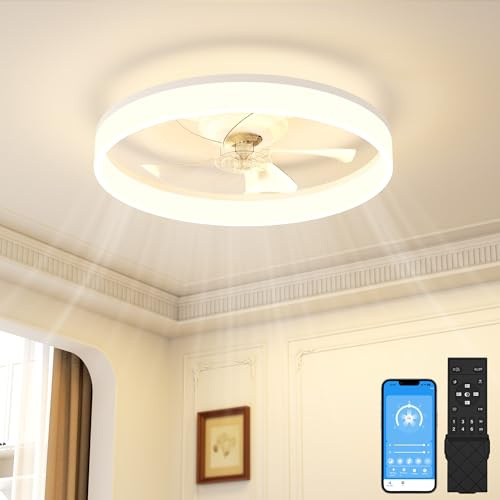 SUNKENET Deckenventilatoren mit Beleuchtung, 50cm Lampe mit Ventilator, 3000K-6500K Dimmbare Deckenventilator mit Licht, LED Deckenventilatorlampe für Schlafzimmer,6-Gang,Timer,Leise, Weiß