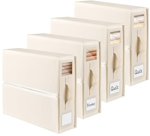 JAECU Lot de 4 Sacs de Rangement pour Drap de Lit, Tissu Oxford Boîte de Rangement Pliable avec FenêTre & Étiquette pour Sous les Lits, les Armoires, les Tiroirs (Beige)