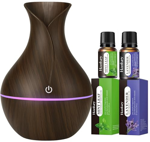 Parahon Dark Wood Aroma Diffuser 130ml Ultrasonic Aromatherapy Diffuser with 7 Colour LED Light, Humidifier & Essential Oils Includes Lavender & Mint Leaf Scents, BPA-Free Quiet Mist Diffuser