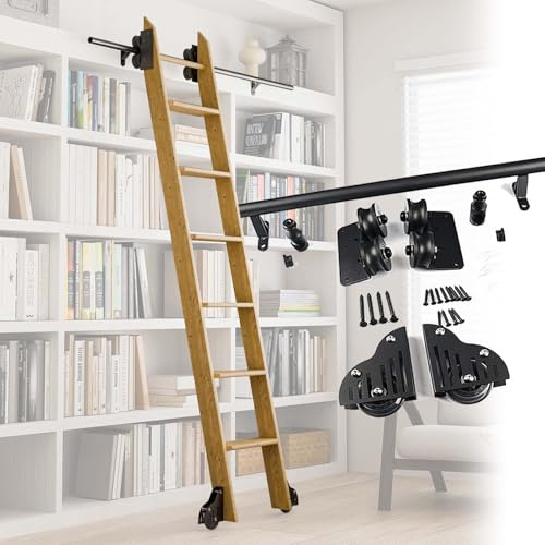 Schiebeleiter-Beschläge aus Kohlenstoffstahl, Wandmontage-Schienenset mit Seilzug (ohne Leiter) für Zuhause/Büro/Buchhandlung/Scheune(Telescopic,400cm Gleisbausatz)