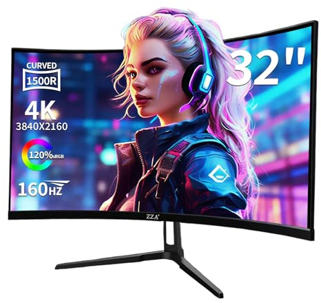 ZZA 32 Zoll Curved Gaming Monitor, 4K UHD VA Display (3840 x 2160p) 1500R Computermonitor 144Hz/160Hz Computerbildschirm, unterstützt AMD Freesync, 120% sRGB, HDR10 Wandinstallationen (HDMI 2.1 x 2/DP