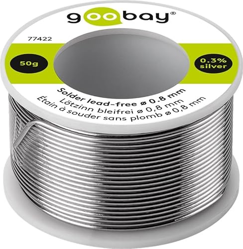 goobay Lötzinn mit Flussmittel Ø 0,8 mm, 50 g - Bleifrei für Lötarbeiten an elektrischen Bauteilen, 0,3% Silber, 7% Kupfer, 99% Zinn, Flussmittelanteil 2,5%, Schmelzpunkt 217 °C, 77422