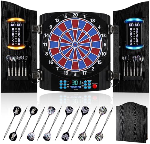 Yirinatek Elektronische Dartscheibe mit Rustikalen Holztürenschrank | [12 Soft-Tip Pfeile], 8-Farben LED Punktanzeige für 8 Spieler, Dart Scheibe Profi für Zuhause & Bar