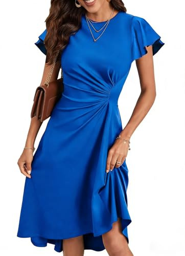 HUXRAKV Elegant Dresses for Women UK Cocktail Dresses Short Ruffle Sleeve Ladies A Line Ruched Waist Evening Party Wedding Guest Dress