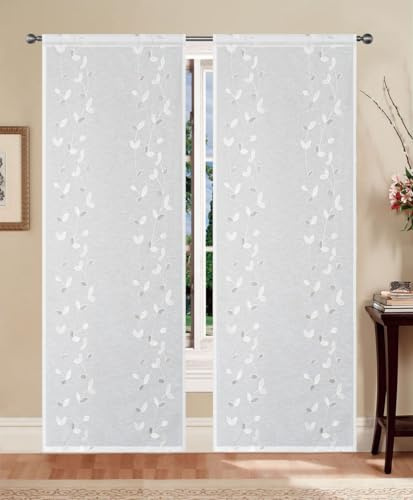 Tata Home Coppia Tende per Interni a Vetro Finestra Semitrasparenti Bianche Tende Cucina Bagno Camera Ricamate Fantasia con Foglie Misura 60x240 cm Mod. AUGUSTA B1 Colore Grigio