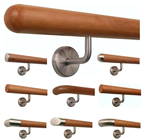TIBU Kirschbaum Holz Handlauf Geländer 0,3m - 5m, Länge 130 cm, Ende Halbkugel gefräst und 2 gewinkelte Halter