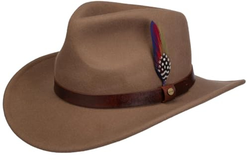 Stetson Oklahoma Wollfilz Westernhut Herren 100% wasserabweisender Filz Asahi Guard ultraleichter knautschbarer Hut mit Feder Lederband Sommer Winter