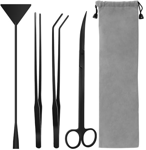 Liveek Aquarium Aquascape Tools Kit, 4 in 1 Anti-Rust Aquatic Plant Aquascaping Tool Stainless Steel Black Tweezers Scissors Spatula for Aquarium Tank Clean Fish Tank Aquascape Tools Sets (Black)