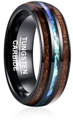 Vakki Herren 8mm Schwarz Ringe Wolfram Ring Eheringe mit Holz und Imitiert Opal Komfort Fit Größe 63.4(20.2)