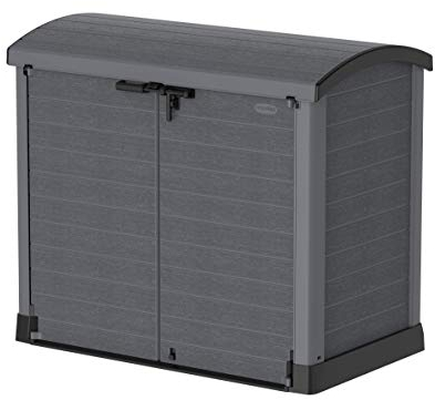 Duramax Cedargrain StoreAway da 1200 L, plastica giardino arco capanno deposito esterno, adatto per utensili, biciclette, barbecue e 2 x 240L bidoni, 145x85x125 cm, Grigio
