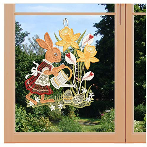 artex deko Frühlings-Fensterbild Osterzeit mit Hasen-Mädchen und Osterglocken aus Plauener Spitze