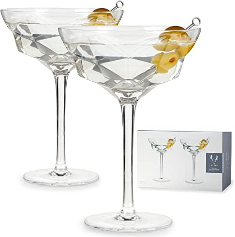 Viski 1066 Faceted Martini Glasses Set of 2-Crystal Cocktail Coupes-10 oz