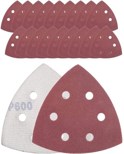 YoiYee 1200 Grit Detail Sanding Sheets, 6 Hole Triangle Sandpaper, 20 Pack | 93x93x93mm delta size, aluminium oxide abrasive, hook and loop backing, 8mm dust extraction holes, fits 90mm multi tools