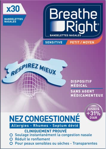 Breathe Right Sensitive - Bandelette nasale - Taille M/S - Sommeil : aide à réduire les ronflements - Rhume, allergies, sport : vous aide à mieux respirer - Convient aux peaux sensibles, 30 pièces