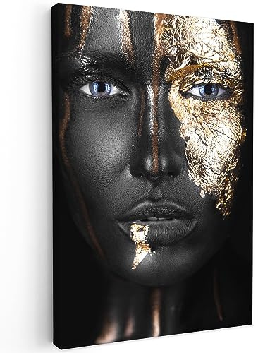 MuchoWow© Leinwand Bilder, Einzigartige Wanddeko mit Rahmen, Frau | 60x90 cm - Blattgold - Schwarz - Gold - Luxus, Wandbilder Wohnzimmer, Deko Schlafzimmer