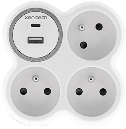 Zenitech - Prise 3x16A + 2 Ports USB A/C - Blanc et Gris - Bolea