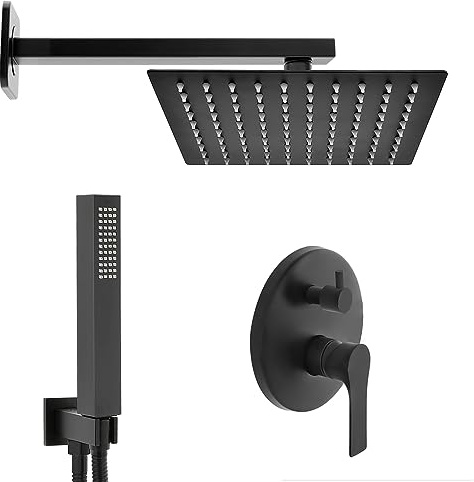 Set doccia completo nero opaco, sistema incasso compreso di miscelatore con deviatore, soffione e kit doccetta (25x25 cm, Quadrato)