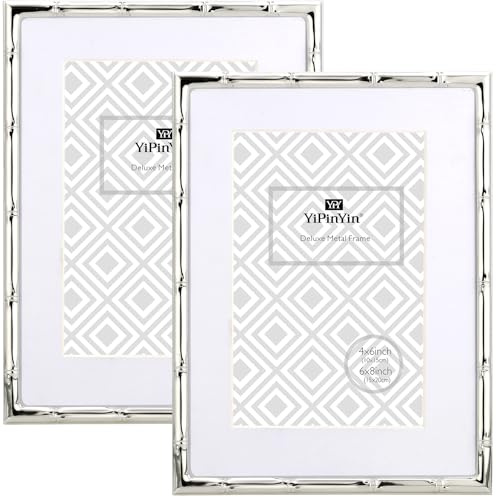 YiPinYin Silver 6x8'' Bamboo Detail Metal Picture Frame 2pack,Narrow Silver Plated Photo Frames With Mat for 4x6'‘, with Soft Touch Velvet Backing for Desktop and Wall Décor