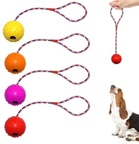 Hund Wurfball, 4 Stück Bälle mit Seil Naturkautschuk Ball für Hunde Hundespielzeug Ball Hundeball Weich und Elastisch Vollgummiball für Große und Kleine Hunde Wurffang