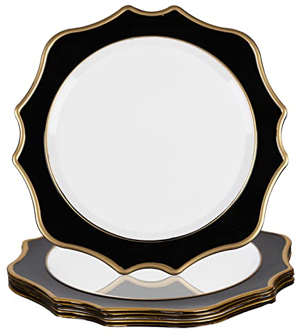 MAONAME 13 Black Scallop Plate Chargers Set of 6, Gold Rimmed, Round Plastic Chargers for Dinner Table Setting, Wedding Decor