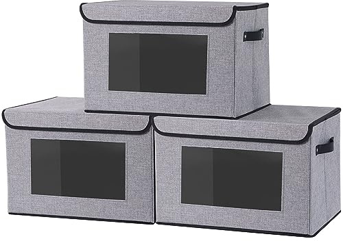 YheenLf Aufbewahrungsbox mit Deckel,3 Stück,Grau Faltboxen,45x30x30cm | Schrank Organizer Kleiderschrank,Aufbewahrungsboxn mit Fenster,Faltbox mit Griff,Aufbewahrungskorb,Ordnungsboxen