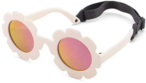 Bouryo Flexible Baby Polarized Flower Sunglasses with Strap Bendable Frame for Infant Boys Girls Ages 0-24 Months (A1 Matte White/Purple Red Mirror)