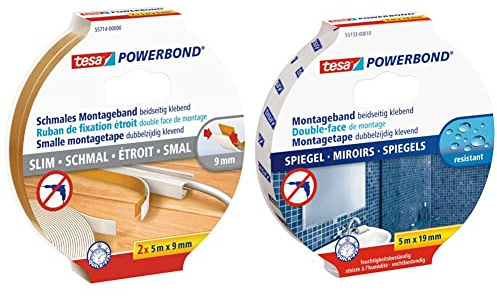 tesa Powerbond Montageband Schmal, 2 Stück - beige, 5 m x 9 mm & Powerbond MIRROR - Doppelseitiges Montageband zur Fixierung von Spiegeln - Feuchtigkeitsbeständiges Klebeband - 5 m x 19 mm