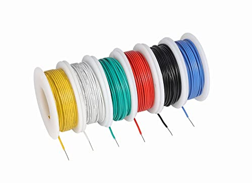TUOFENG 30 AWG fast kärnanslutningskabel – 6 olika färgade anslutningskablar på 30,5 m eller 30 m vardera 30 kaliber PVC-förtennad koppartråd (OD: 0,60 mm), trådsats