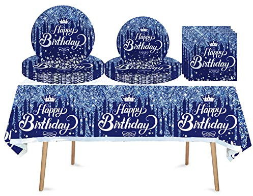 Royal Blue Glitter Birthday Tableware Set - Girls, Kids & Women - Disposable Party Tableware - 41 Pcs - Includes 7 & 9 Paper Plates, Napkins & Table Cloth