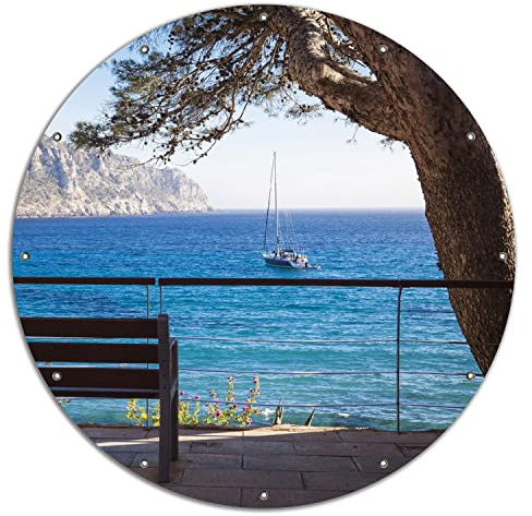 Wallario rundes Outdoor-Poster für Garten oder Balkon Einsame Bank am Meer - Spanien im Sommer, Motivbanner 120 cm Durchmesser