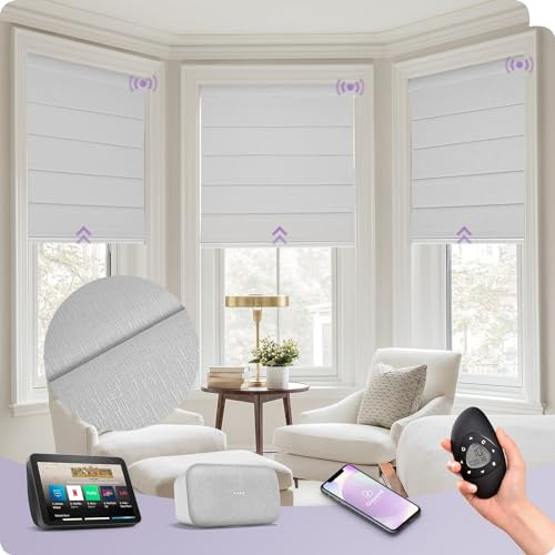 Graywind Customized Smart Roman Blinds Blackout, Rechargeable Motorized Window Blinds Compatible with Alexa Google, Remote Control Electric Roman Shades Plain Fold, Grey