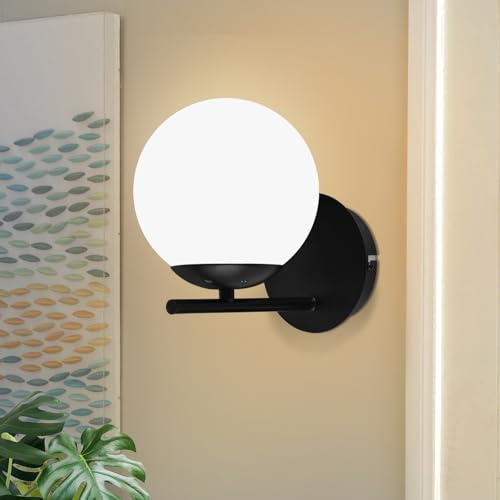 ZMH Wandleuchte Innen Wandlampe Schwarz Bettlampe Glaskugel E27 Metall | Wandbeleuchtung Vintage Design Schlafzimmerlampe für Flur Schlafzimmer Wohnzimmer Kinderzimmer Gang Bett (ohne Leuchtmittel)