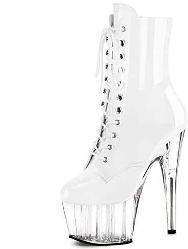 WOilERQ Sexy Crystal Plateau Booties für Frauen Stiletto Crystal Heel Round Toe Mid Calf Boot Sexy Pole Dance Stripper Club High Heels Lackleder 6.7,Weiß,35