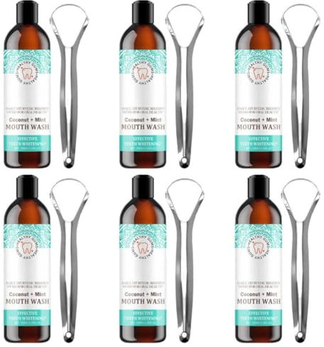 [6 botella] 100 ml Mouthwash, Enjuague Bucal Sin Alcohol con Tongue Scraper, Enjuague Bucal Niños Natural &, Oil Pulling Mouthwash con Aceite De Coco Y Menta