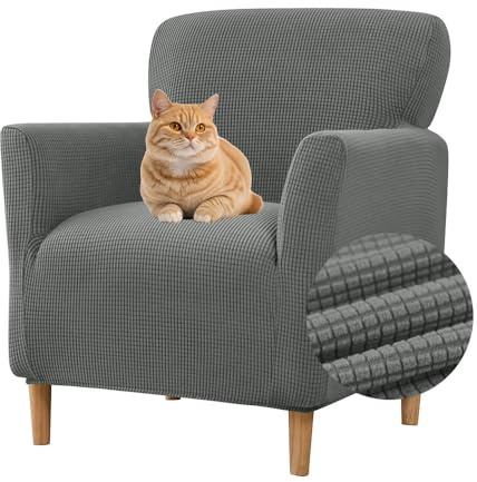 Highdi Stretch Sesselbezug aus Jacquard Sesselhusse Sesselschoner rutschfest Sofa Überzug 1 Sitzer mit Armlehnen, Sesselüberwurf für Relax-Sessel, Cocktailsessel, Clubsessel (Dunkelgrau)