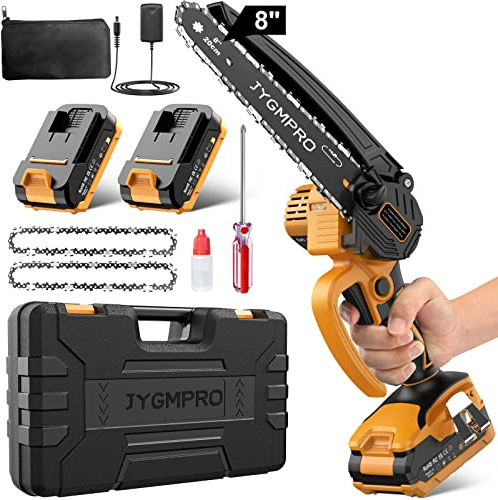 JYGMPRO Mini Tronçonneuse à Batterie 8 Pouces, Tronçonneuse Électrique Sans Fil pour Jardin, Brushless Elagueuse Batterie avec 2 Batteries 2.0Ah, 2 Chaînes, Pour la Coupe du Bois, l'élagage le Jardin