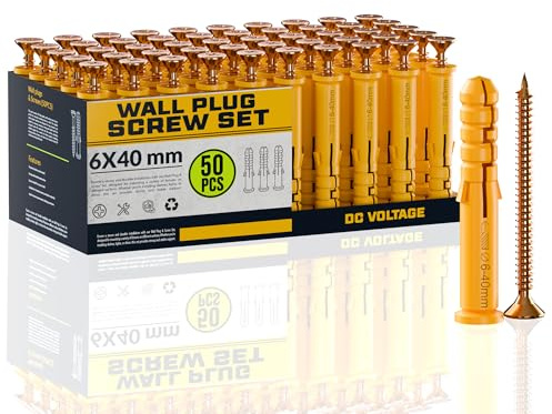 DC VOLTAGE 50 Pcs Wall Plugs and Screws Set 6 x 40mm Concrete Fixings Screws and Wall Expansion Anchors Plugs Kit Wall Hanging Mounting TV Mount Drywall Self Tapping Screw Wall Plug