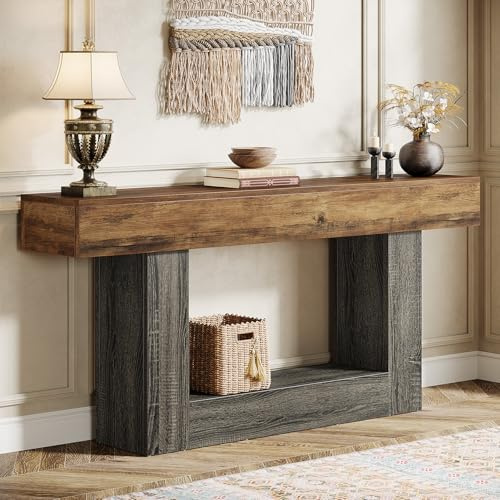 Tribesigns 63 Console Table, Farmhouse 2-Tier Entryway Table with U-Shaped Base, Narrow Long Wood Sofa Table Behind Couch Table for Living Room, Hallway, Foyer, Vintage Brown & Gray