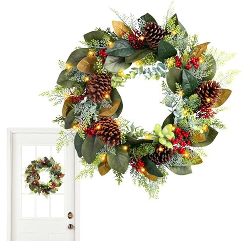 Beleuchteter Weihnachtskranz,Weihnachtstürkranz Beleuchtet | Natürliche Tannenzapfengirlande | Weihnachtskranz mit Tannenzapfen, roten Beeren, beleuchteter Weihnachtskranz für Winterferien, Heimdekora