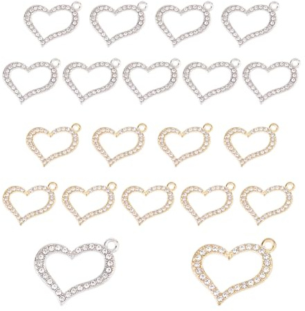 SUPERFINDINGS 40 Stück 2 Farben Strass Herzanhänger Gold Silber Liebe Charme Legierung Glänzende Liebe Anhänger Charms Hohles Herz Liebe Charms Für DIY Bastel Und Schmuckherstellung