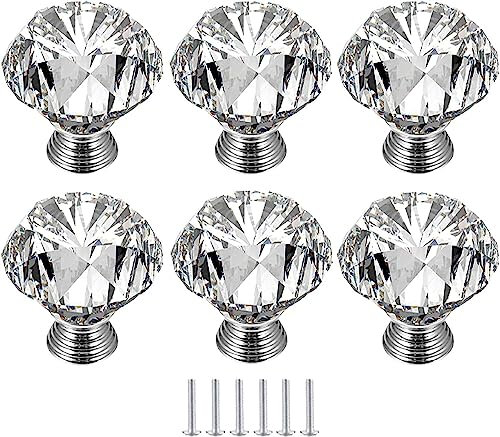 Pomelli decorativi for cassettiera, 6 pomelli for porta, pomelli for cassetti in vetro da 30 mm con maniglie for armadi a forma di diamante con viti for cassettiera, cucina, armadio, decorazione della
