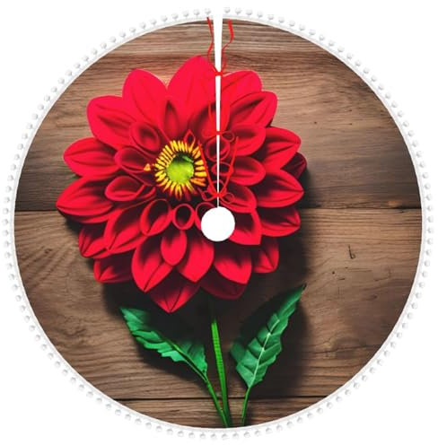 Wooden Board Retro Flower Red Dahlia Print Soft Double Layer Burlap Farmhouse Tree Skirt with Pom Pom for Rustic Christmas Decorations