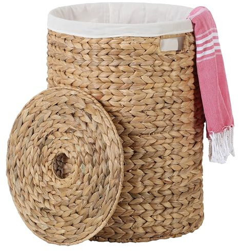 Wäschekorb 60L rund Wäschesammler Badezimmerkorb 54cm Wäschebox mit Deckel Seegras Natur Skandi Boho Cjic Landhaus Zenta M IN810