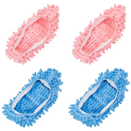 CREATCABIN 4 Zapatillas mopa Funda para Zapatos, Mopa para Polvo, Pantuflas, Mopa Azul Y Rosa, Herramientas de Limpieza de Suelo, Funda para Zapatos, Calcetines de Microfibra Lavables Y Reutilizables