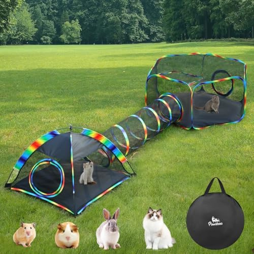 Pawaboo Katzen Zelt mit Tunnel, 3 in 1 Spleißen Outdoor Katzengehege, Faltbar Tragbar Laufgitter für Katzen Kätzchen, Inklusive 1 Haustier Laufstall + 1 Haustier Zelt + 1 Haustiers Tunnel, Regenbogen