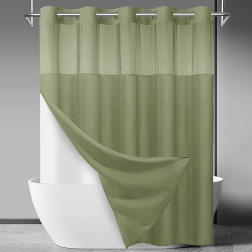 SORTTO No Hook Slub Textured Shower Curtain with Snap in Liner - Sage Green Fabric Outer Curtain & Waterproof Inner Liner, Hotel Style with See Through Top Window, 71x74 in