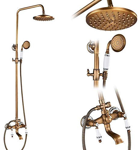 Antique Brass Shower System with Ceramic Shower Column and Dual Knobs Mixer Tap