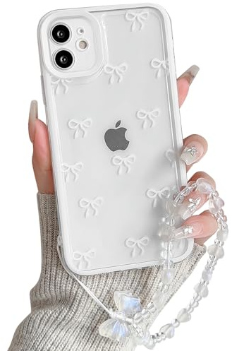 NITITOP Compatible with iPhone 12 Mini Case Cute Clear White Durable Ribbon Bowknot Pattern for Girls Women with Chain Wrist Strap Soft TPU Transparent Shockproof Protective Phone Cover - White