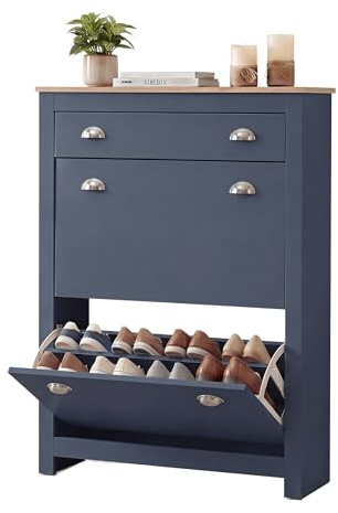 Shoe Storage Cabinet with 2 Flip Drawers & 1 Drawer Narrow Wooden Shoes Rack Cabinet, Freestanding Shoe Organizer Storage for Entryway, Hallway Blue 87.5W x 26D x 110H cm