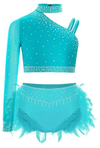 JEATHA 2Pcs Vestido De Ballet Niñas Crop Top De Baile Lentejuelas Y Falda De Plumas Maillot De Gimnasia Rítmica Patinaje Azul Verde 7-8 años